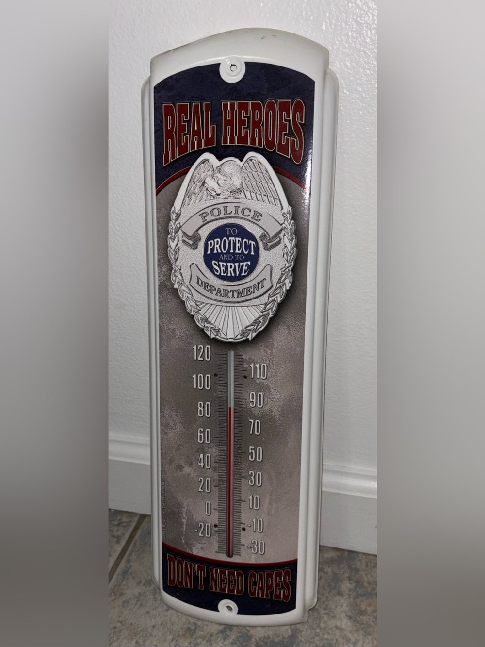 Police Department Metal Wall Thermometer - White Frame, Blue Accent